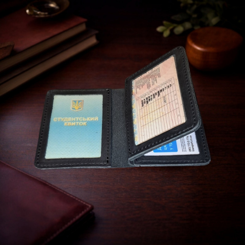 Шкіряна обкладинка для автодокументів та ID-паспорта на 4 відділення чорна